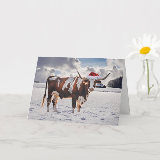 Christmas Holiday Seasons Greetings Longhorn Cow Card (Small Plant)