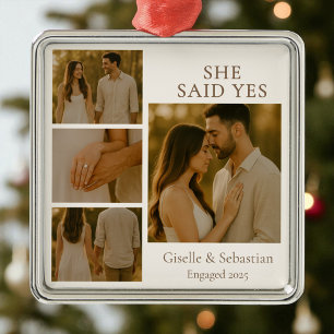 Christmas Holiday She Said Yes Engagement Collage  Metal Tree Decoration