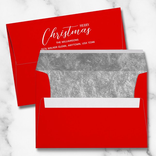 Christmas Holiday Silver Faux Foil Lined Red Envelope (Faux silver foil printed lining in green Christmas envelopes with FREE return address on the back )