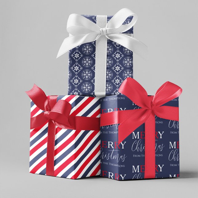 Christmas Holiday Simple Cute Snowflake Pattern  Wrapping Paper Sheet (Navy blue and red wrapping paper sheets.)