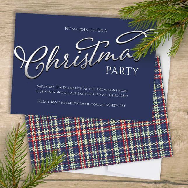 Christmas Holiday Simple Navy Blue Winter Plaid Invitation (Merry Christmas holiday festive navy blue plaid background with stylish calligraphy script. )