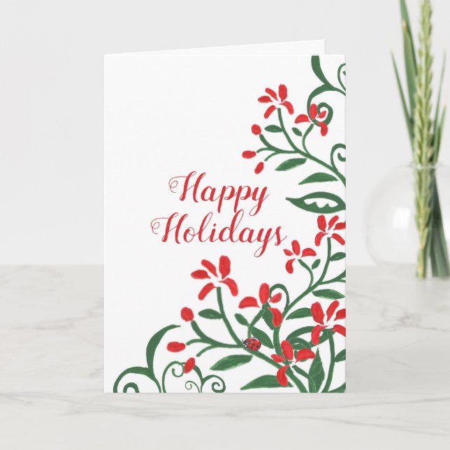 Christmas Holiday Simple Red Green Floral Ladybug Card (Front)