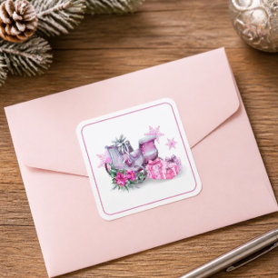 Christmas Holiday Sleigh in Pink Watercolor Square Sticker