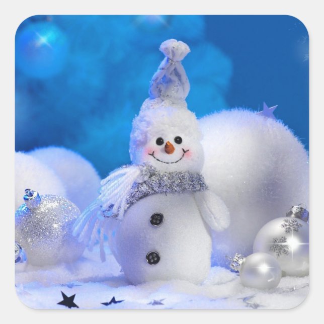 Christmas Holiday Snowman Blue White Theme Square Sticker (Front)