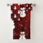 Christmas Holiday-Snowman Santa Hat Bath Towel Set<br><div class="desc">Snowman with santa hat  on red background.</div>