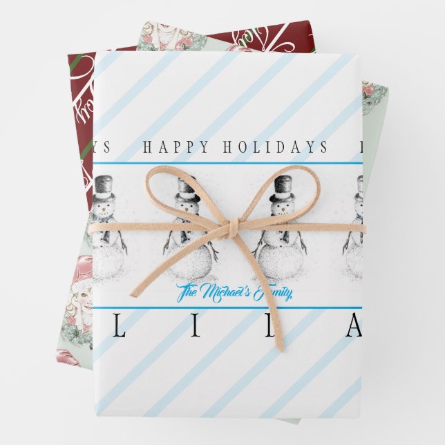 Christmas Holiday Snowman Santa Joy Gift Wrapping Paper Sheet (In situ)