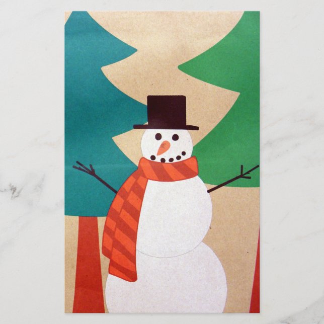 Christmas Holiday Snowman & Trees Stationery (Front)