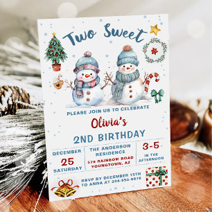 Christmas Holiday Snowman Two Sweet  2nd Birthday Invitation