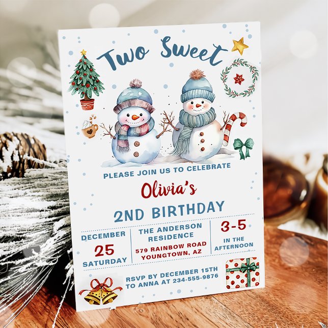 Christmas Holiday Snowman Two Sweet  2nd Birthday Invitation (Creator Uploaded)