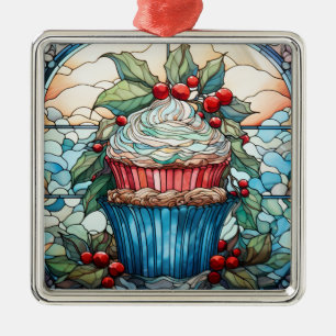 CHRISTMAS HOLIDAY STAINED GLASS CUPCAKE METAL TREE DECORATION