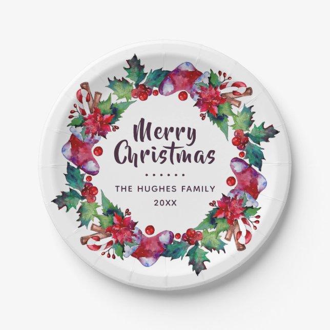 Christmas Holiday Stocking Floral Wreath Paper Plate (Front)