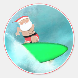 Christmas Holiday Surfing Santa Beach Classic Round Sticker
