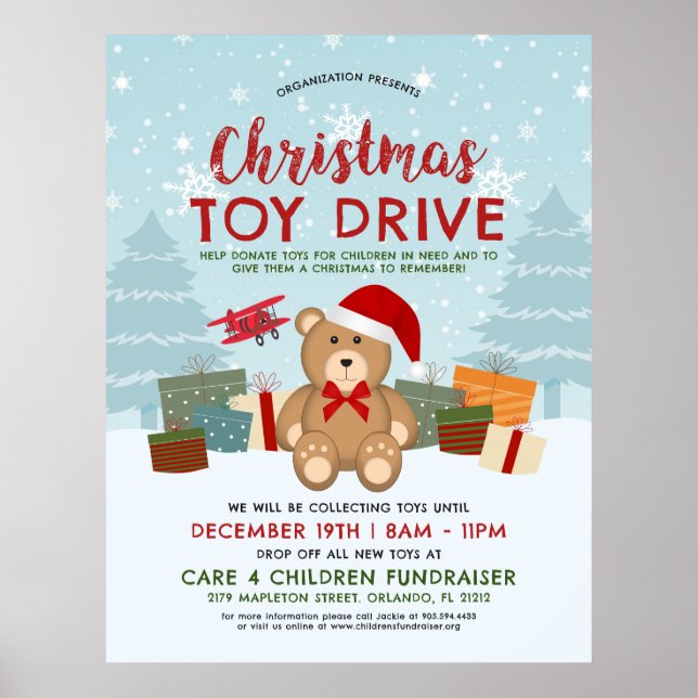 Christmas Holiday Teddy Bear Toy Drive Fundraiser Poster (Front)