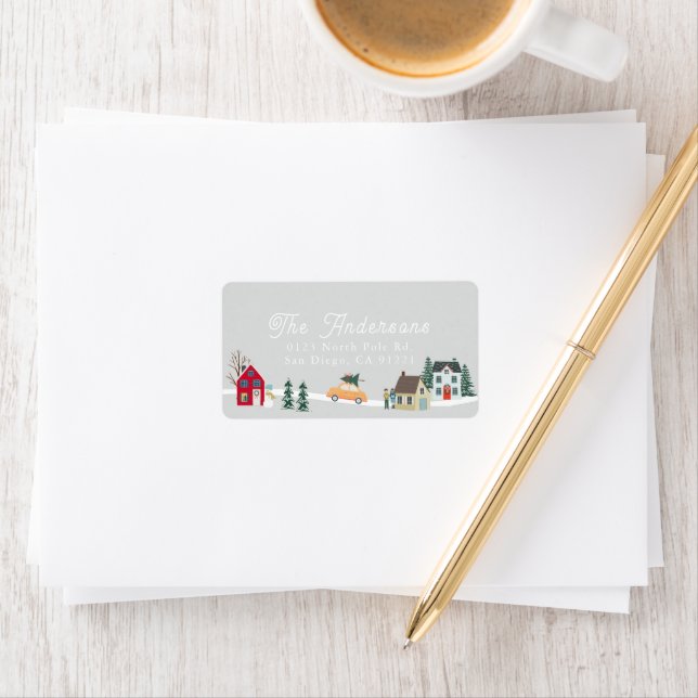 Christmas Holiday Town/Village Grey Address Label (Insitu)