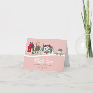 Christmas Holiday Town/Village Pink Baby Shower Thank You Card