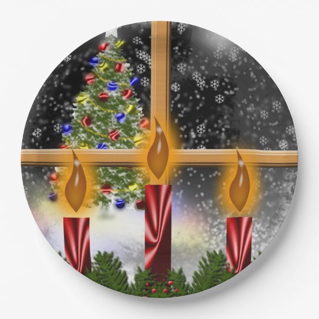 Christmas Holiday Tree Candles Decorated Window Paper Plate (Front)