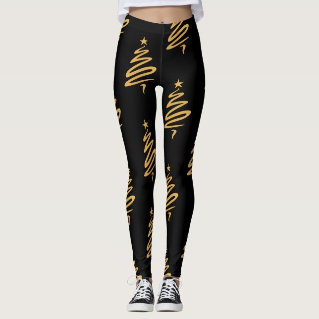 Christmas Holiday Tree Modern  Gold Foil Metallic Leggings (Front)