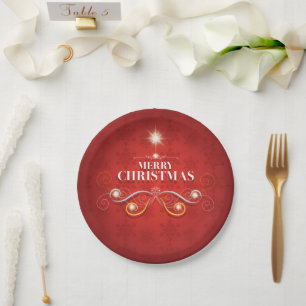 Christmas holiday tree red gold stars modern wish paper plate