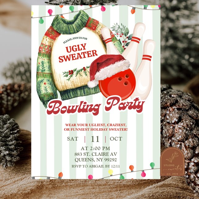 Christmas Holiday Ugly Sweater Bowling Party Invitation (Creator Uploaded)