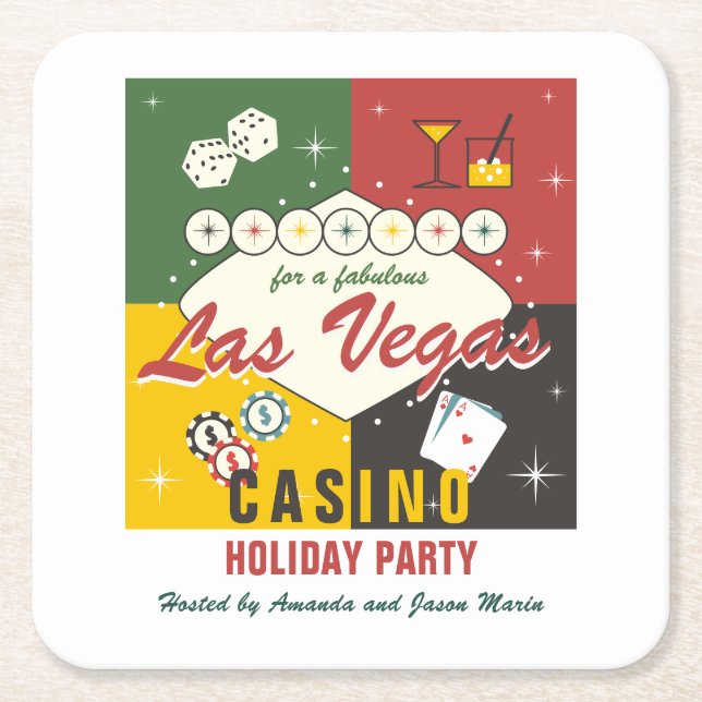 Christmas Holiday Vegas Casino Poker Night Party Square Paper Coaster (Front)
