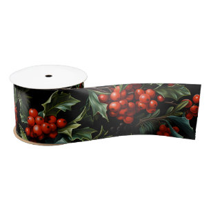 Christmas/Holiday Vibrant Red Berries & Leaves Satin Ribbon
