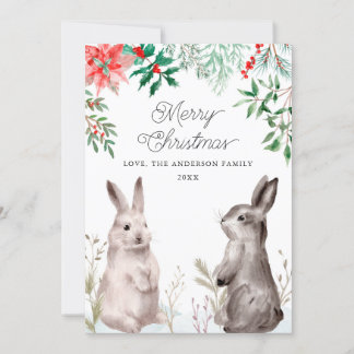 Christmas Holiday Watercolor Bunny. Rabbit, Floral Card