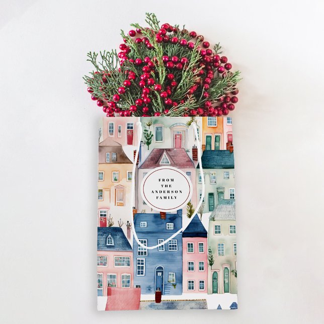 Christmas Holiday Watercolor Colourful Houses Medium Gift Bag (Creator Uploaded)