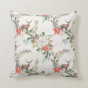 Christmas Holiday - Watercolor Deer & Pointsettia2 Cushion
