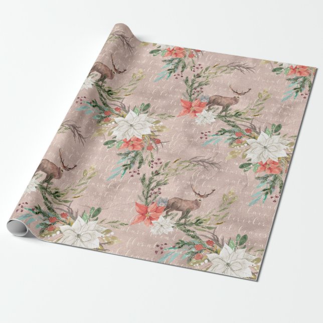 Christmas Holiday - Watercolor Deer & Pointsettia Wrapping Paper (Unrolled)