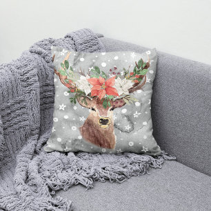 Christmas Holiday - Watercolor Deer & PointsettiaG Cushion