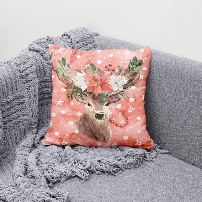 Christmas Holiday - Watercolor Deer & PointsettiaR Cushion (Creator Uploaded)