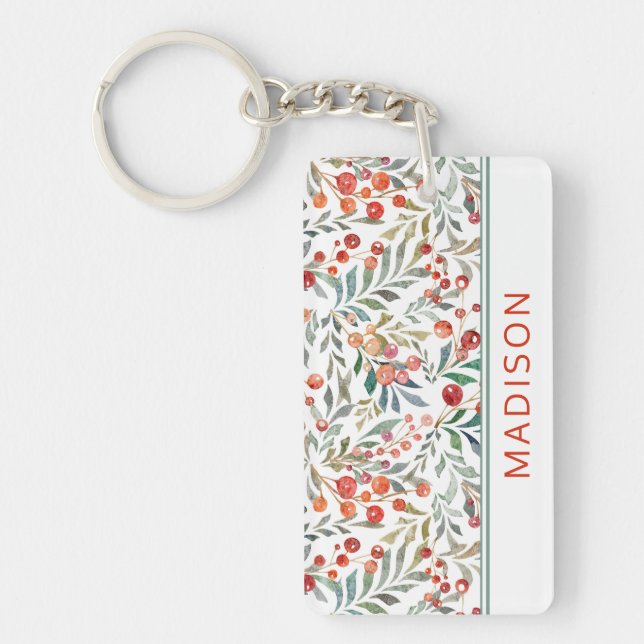 Christmas Holiday Watercolor Floral Personalised Key Ring (Front)