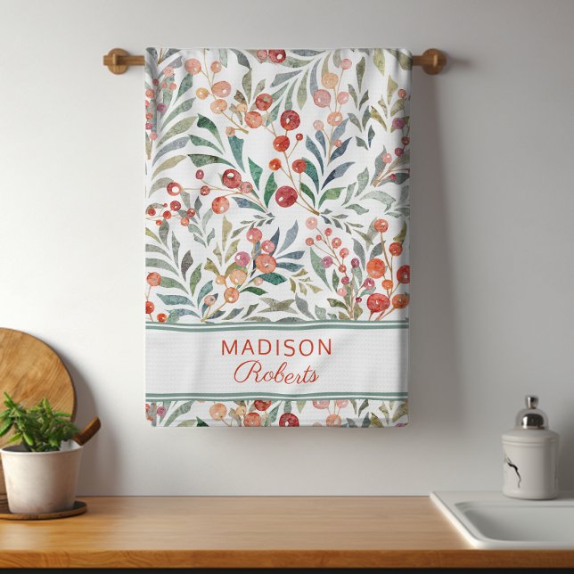 Christmas Holiday Watercolor Floral Personalised Tea Towel (Creator Uploaded)