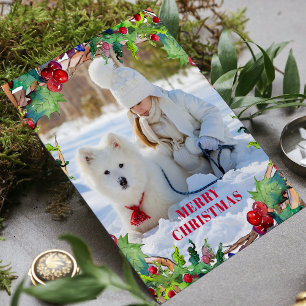 Christmas Holiday Watercolor Floral Wreath Photo Card