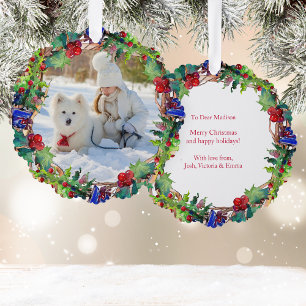 Christmas Holiday Watercolor Floral Wreath Photo Tree Decoration Card