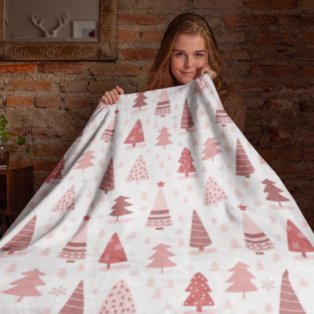 Christmas Holiday Watercolor Pink  Rose gold Tree Fleece Blanket (Creator Uploaded)