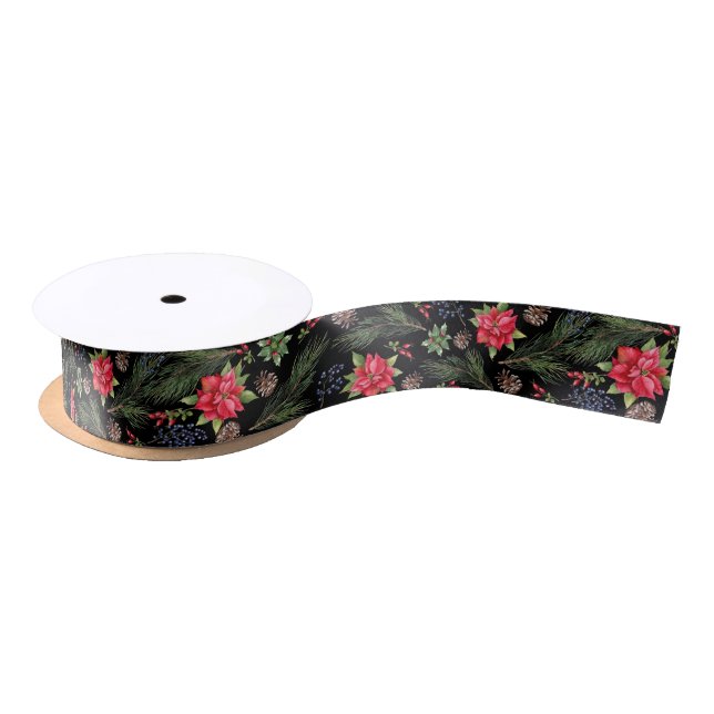 Christmas Holiday Watercolor Poinsettia Floral Satin Ribbon (Spool)