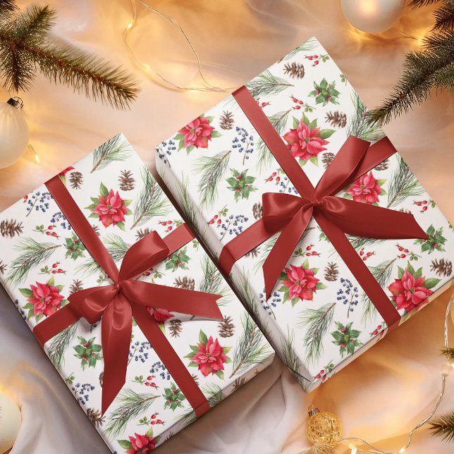 Christmas Holiday Watercolor Poinsettia Floral Wrapping Paper (Creator Uploaded)