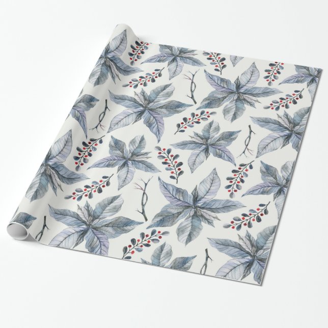 Christmas Holiday - Watercolor Poinsettia Silver Wrapping Paper (Unrolled)