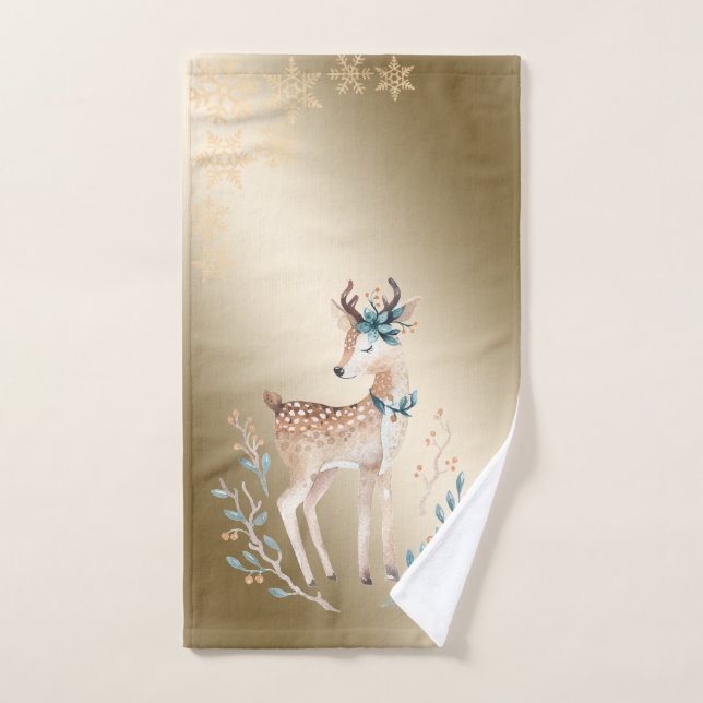 Christmas Holiday-Watercolor Reindeer,Snowflakes  Bath Towel Set (Hand Towel)