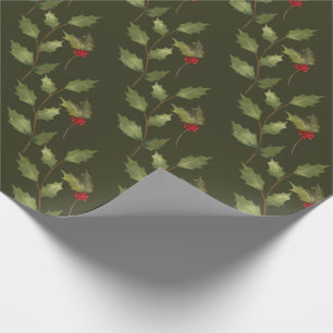 Christmas Holiday Watercolor Vintage Holly Branch Wrapping Paper