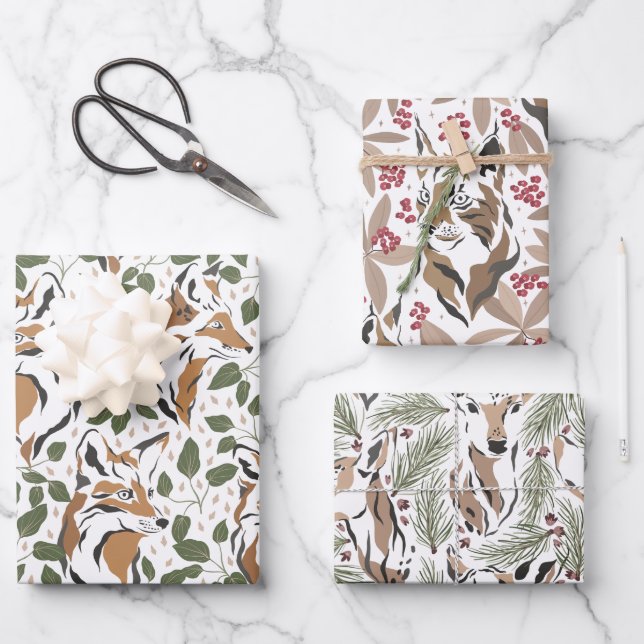 Christmas Holiday Watercolor Woodland Animals Wrapping Paper Sheet (Front)