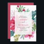 Christmas Holiday Wedding | Bright Floral Invitation<br><div class="desc">This stylish and elegant Christmas wedding or winter holiday wedding invitation features a trendy watercolor floral bouquet on a crisp white background. A mix of poinsettia flowers, holly berries, and leaves are coloured in festive shades of red, pink, green, blush, and blue. The back of the invitation is a colourful,...</div>