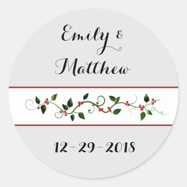 Christmas Holiday Wedding Couple's Holly Vine Classic Round Sticker (Front)