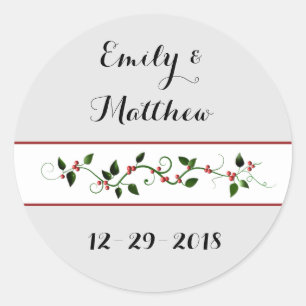 Christmas Holiday Wedding Couple's Holly Vine Classic Round Sticker