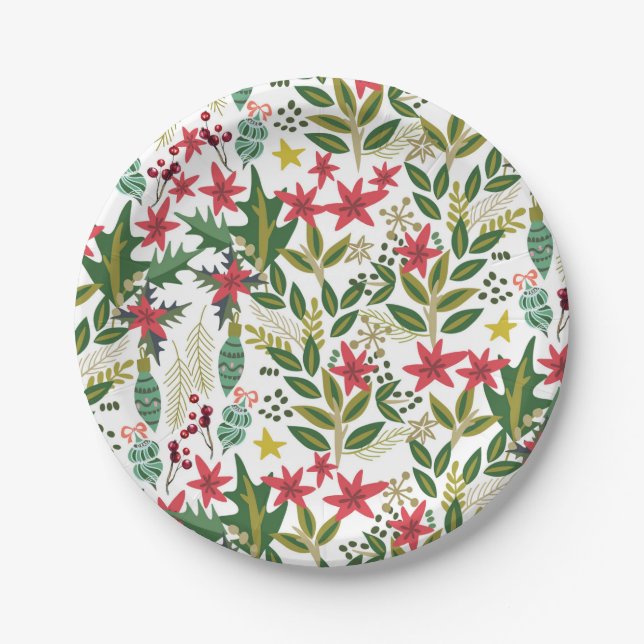 Christmas Holiday Whimsical Floral Berries Party Paper Plate (Front)