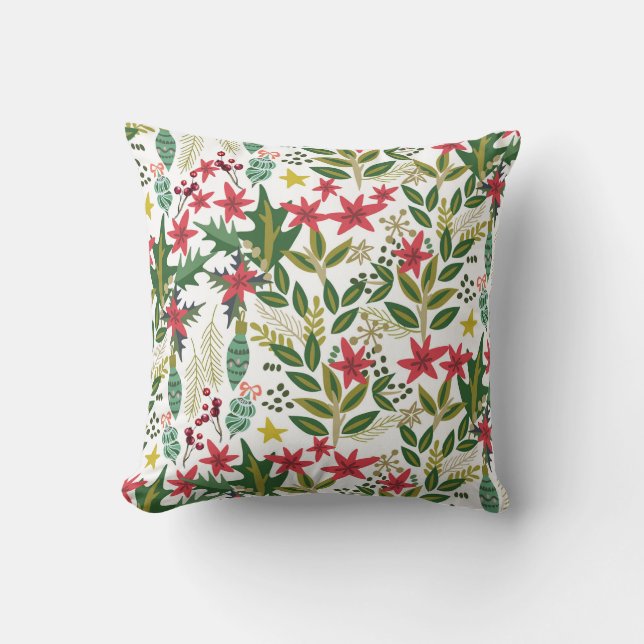 Christmas Holiday Whimsical Floral Holly Berries Cushion (Front)