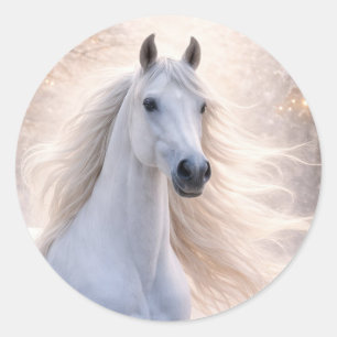 Christmas Holiday White Horse in Snow Classic Round Sticker