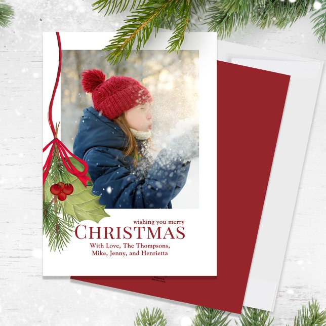 Christmas Holiday Winter Greenery Holly Photo  (Merry Christmas Holly red calligraphy script and greenery photo card.)