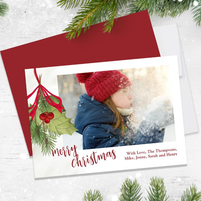 Christmas Holiday Winter Greenery Holly Photo  (Merry Christmas holiday berries and greenery with a whimsical red ribbon.)